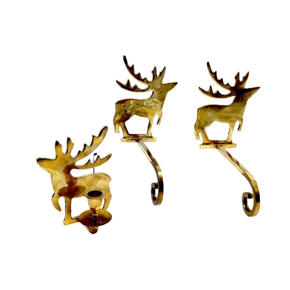 Vintage Brass Deer Christmas Stocking & Candle Holders Set Of 3 - Picture 1 of 10